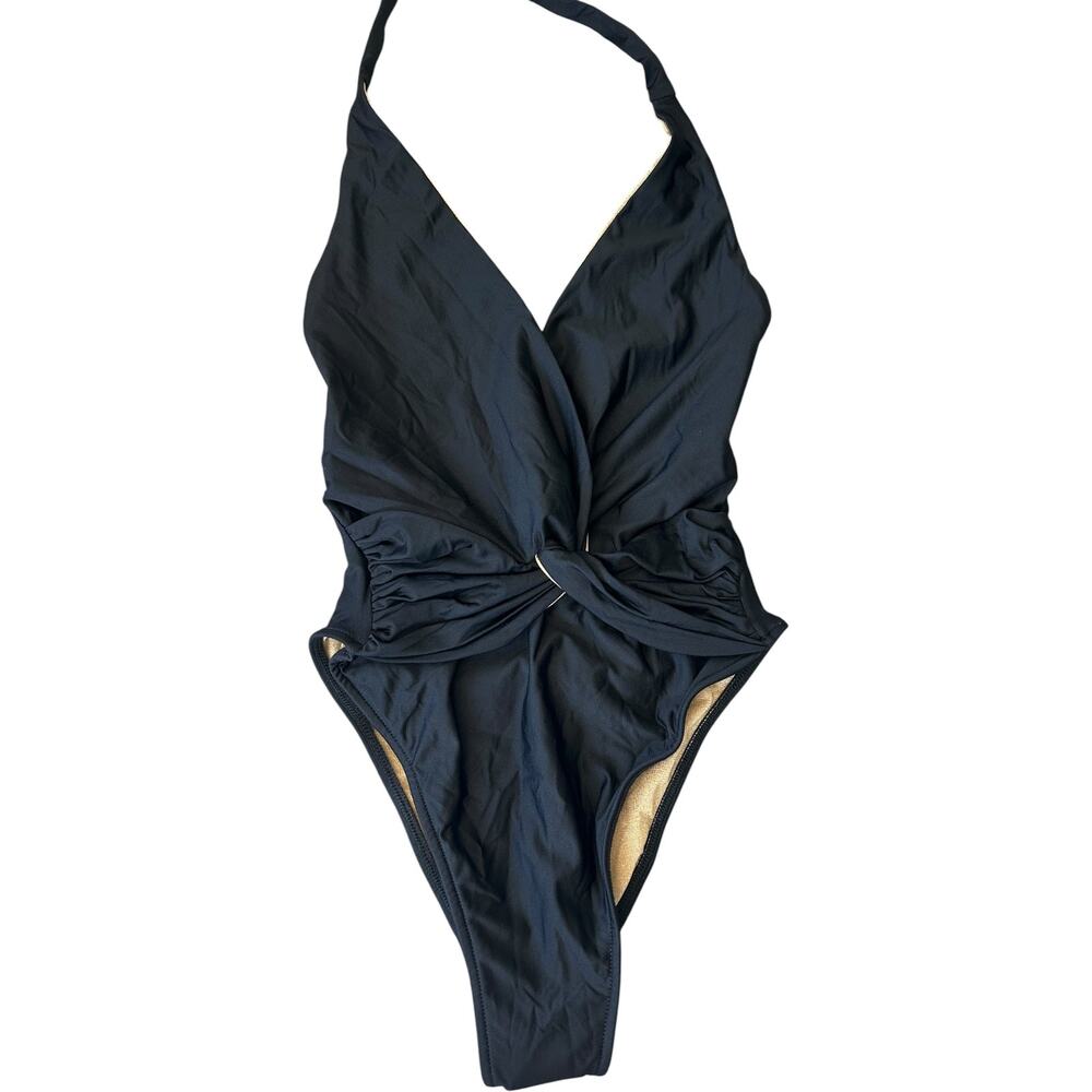 NEW LULI FAMA Front Twist Halter Black Cheeky ONE-PIECE $261 Swimsuit XS - Picture 2 of 10